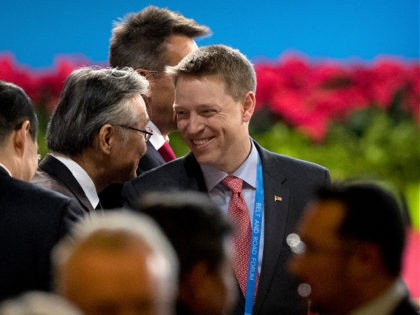 Matt Pottinger, Special Assistant to U.S. President Donald Trump and National Security Council (NSC) Senior Director for East Asia, center right, arrives for the opening ceremony of the Belt and Road Forum at the China National Convention Center (CNCC) in Beijing, Sunday, May 14, 2017. (AP Photo/Mark Schiefelbein, Pool)