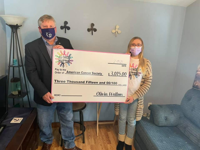 11-year-old Olivia Walton raised $3,015 for the American Cancer Society.