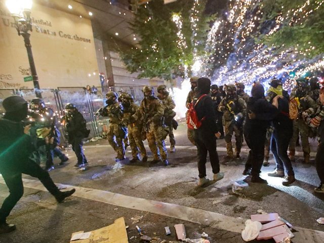 Antifa attacks law enforcement with commercial-grade fireworks. (AP File Photo/Marcio Jose