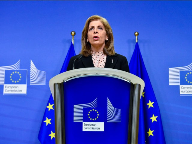 European Union commissioner for Health, Stella Kyriakides gives a press statement on vaccine deliveries at the EU headquarters in Brussels on January 25, 2021. (Photo by JOHN THYS / POOL / AFP) (Photo by JOHN THYS/POOL/AFP via Getty Images)