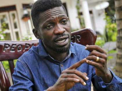 In this photo taken Friday, March 27, 2020, Ugandan musician, lawmaker and presidential aspirant Bobi Wine, whose real name is Kyagulanyi Ssentamu, speaks to The Associated Press in Kampala, Uganda. Wine, who released a song in March 2020 urging Africa's people to wash their hands to stop the spread of …