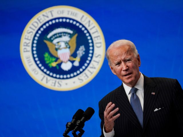 WASHINGTON, DC - JANUARY 25: U.S. President Joe Biden speaks after signing an executive order related to American manufacturing in the South Court Auditorium of the White House complex on January 25, 2021 in Washington, DC. President Biden signed an executive order aimed at boosting American manufacturing and strengthening the …
