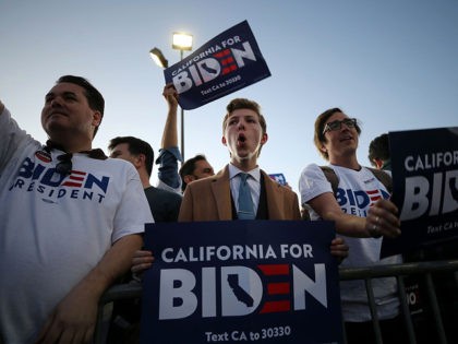 LOS ANGELES, CALIFORNIA - MARCH 03: Joe Biden supporters hold signs ahead of Biden's Super Tuesday night event on March 03, 2020 in Los Angeles, California. 1,357 Democratic delegates are at stake as voters cast their ballots in 14 states and American Samoa on what is known as Super Tuesday. …