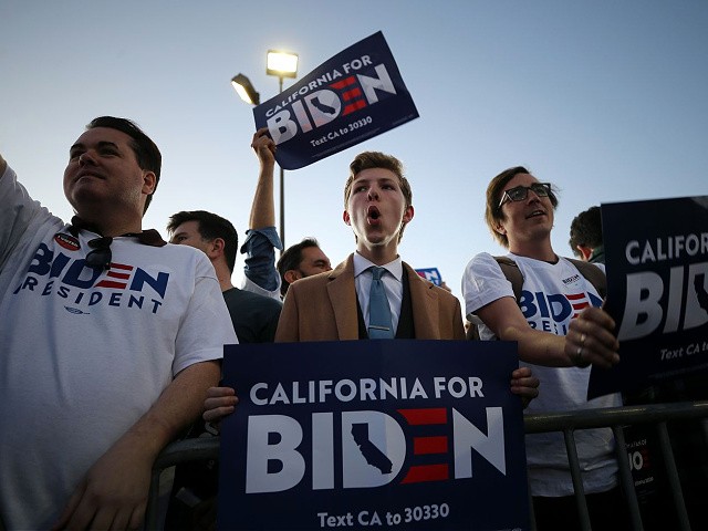 LOS ANGELES, CALIFORNIA - MARCH 03: Joe Biden supporters hold signs ahead of Biden's Super Tuesday night event on March 03, 2020 in Los Angeles, California. 1,357 Democratic delegates are at stake as voters cast their ballots in 14 states and American Samoa on what is known as Super Tuesday. (Photo by Mario Tama/Getty Images)