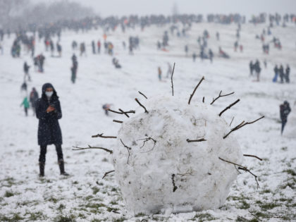 LONDON, ENGLAND - JANUARY 24: A giant snowball shaped as a coronavirus is seen on Parliament Hill on Hampstead Heath on January 24, 2021 in London, United Kingdom. Parts of the country saw snow and icy conditions as arctic air caused temperatures to drop. (Photo by Hollie Adams/Getty Images)