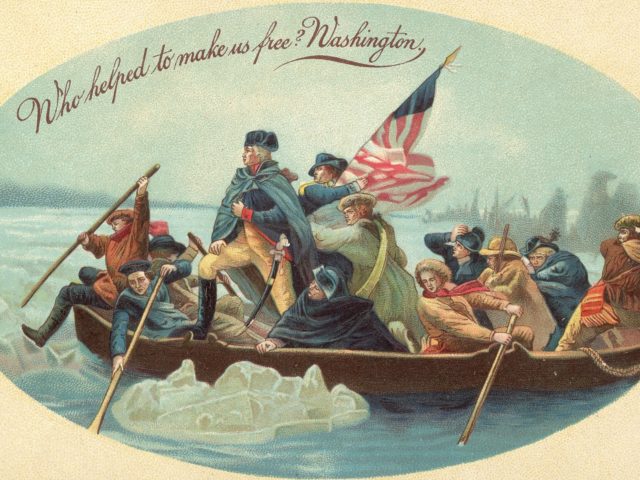 Postcard shows the iconic image of American soldier and politician (and the country's first President) George Washington as he crosses the Delaware River in a boat with his troops, McKonkey's Ferry, Pennsylvania, December 26, 1776. The headline reads "Who helped make us free? Washington.' The card's illustration is based on …