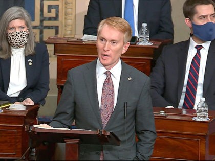 In this image from video, Sen. James Lankford, R-Okla., speaks as the Senate reconvenes after protesters stormed into the U.S. Capitol on Wednesday, Jan. 6, 2021. (Senate Television via AP)