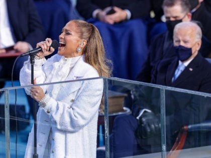 WASHINGTON, DC - JANUARY 20: Jennifer Lopez sings during the inauguration of U.S. President-elect Joe Biden on the West Front of the U.S. Capitol on January 20, 2021 in Washington, DC. During today's inauguration ceremony Joe Biden becomes the 46th president of the United States. (Photo by Alex Wong/Getty Images)