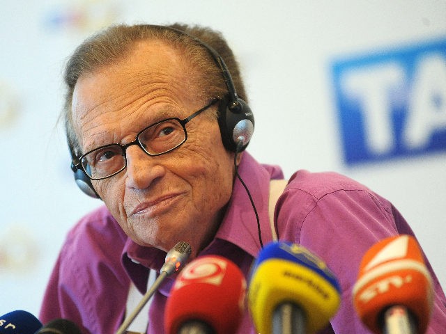 US anchorman Larry King listens to journalists' questions during a press conference i