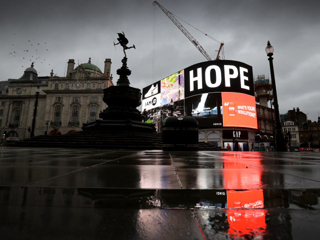 LONDON, ENGLAND - JANUARY 20: A deserted Piccadilly Circus during the COVID-19 UK lockdown