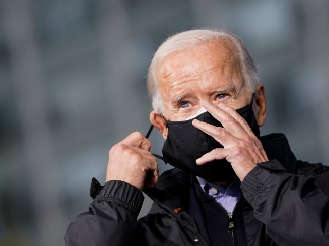 PHILADELPHIA, PA - NOVEMBER 01: Democratic presidential nominee Joe Biden takes his mask o