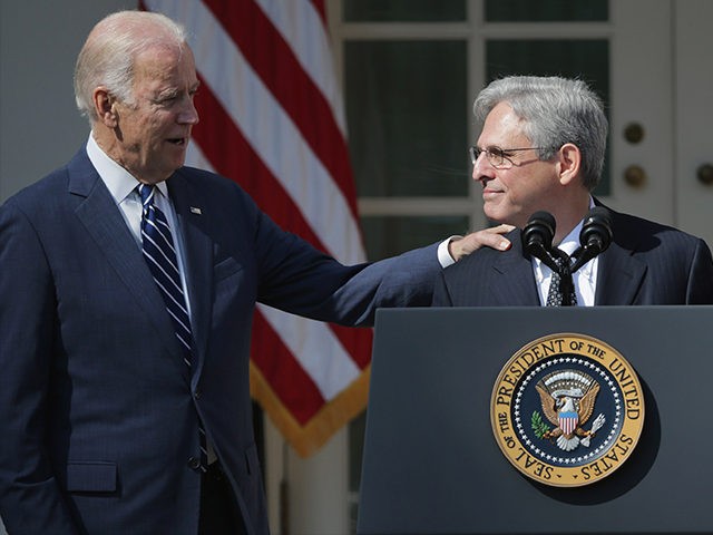 WASHINGTON, DC - MARCH 16: U.S. Vice President Joe Biden congratulates Judge Merrick Garland after he was nominated by U.S. President Barack Obama to the Supreme Court in the Rose Garden at the White House, March 16, 2016 in Washington, DC. Garland currently serves as the chief judge of the …