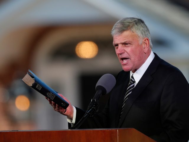 FILE - In this Friday, March 2, 2018 file photo, Pastor Franklin Graham speaks during a funeral service for his father, the Rev. Billy Graham who died the previous week at 99, at the Billy Graham Library in Charlotte, N.C. Many religious leaders have strongly condemned Trump's disparaging remarks about …