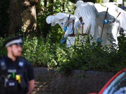 Police forensics officers dressed in Tyvek protective PPE (personal protective equipment) suits and wearing masks, conduct a search as they work outside the walls of Forbury Gardens park in Reading, west of London, on June 22, 2020, the scene of the June 20 stabbing spree. - A suspect held on …