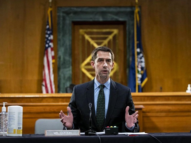 Sen. Tom Cotton (R-AR) speaks as Federal Reserve Chair Jerome Powell and Treasury Secretary Steven Mnuchin, not pictured, testify during a Senate Banking Committee hearing on Capitol Hill, on December 1, 2020 in Washington,DC. (Photo by Al Drago / POOL / AFP) (Photo by AL DRAGO/POOL/AFP via Getty Images)