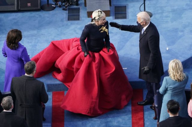 Lady Gaga wears dove holding an olive branch brooch on Inauguration Day