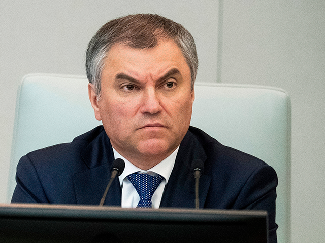In this Wednesday, April 19, 2017 file photo, Russian State Duma speaker Vyacheslav Volodin, attends a session in the Lower House of the Russian Parliament, in Moscow, Russia. Russian lawmakers have on Friday, April 13, 2018 submitted a wide-ranging bill that could freeze crucial exports to the United States. Vyacheslav …