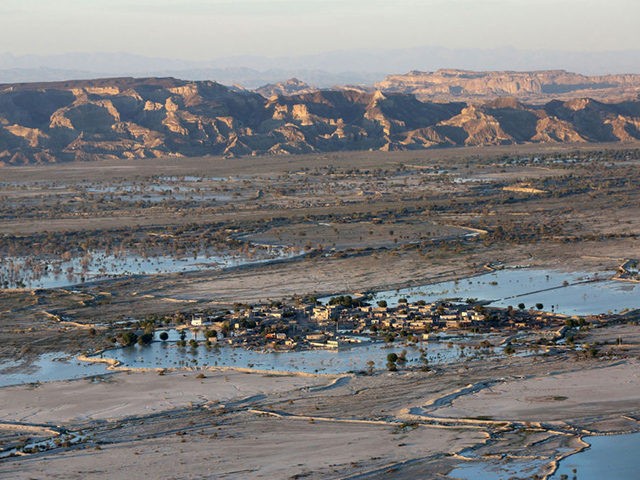 A picture taken on January 13, 2020 shows flooding in Iran's Sistan-Baluchistan region wit