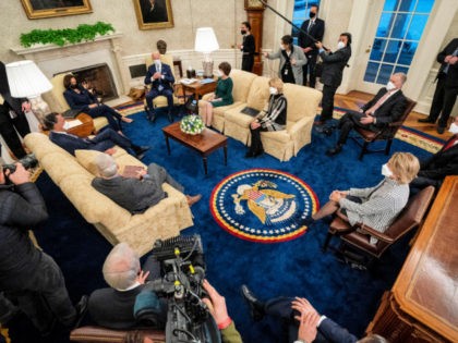 WASHINGTON, DC - FEBRUARY 01: U.S. President Joe Biden (Center R) and Vice President Kamal