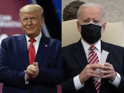 Left, Former President Donald Trump speaks at CPAC 2020. Right, President Joe Biden speaks during a meeting about labor leaders on February 17, 2021. Trump mocked Biden's response during a CNN town hall on February 16. (Saul Loeb/AFP, Tasos Katopodis/Getty Images)