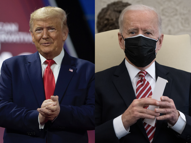 Left, Former President Donald Trump speaks at CPAC 2020. Right, President Joe Biden speaks during a meeting about labor leaders on February 17, 2021. Trump mocked Biden's response during a CNN town hall on February 16. (Saul Loeb/AFP, Tasos Katopodis/Getty Images)