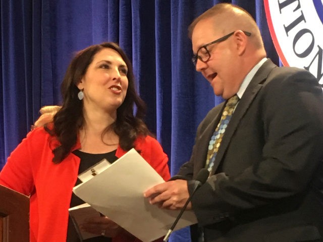 Republican National Committee Chairwoman Ronna Romney McDaniel, left, speaks with Bob Paduchik, party co-chairman of the Republican National Committee, at the spring meeting in Coronado, Calif., Friday, May 12, 2017. While Trump's abrupt firing of FBI Director James Comey roiled Washington, Republicans who attended the national committee's spring meeting outside …