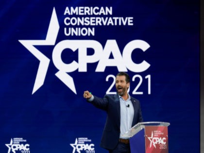 Donald Trump Jr., speaks at the Conservative Political Action Conference (CPAC) Friday, Feb. 26, 2021, in Orlando, Fla. (AP Photo/John Raoux)