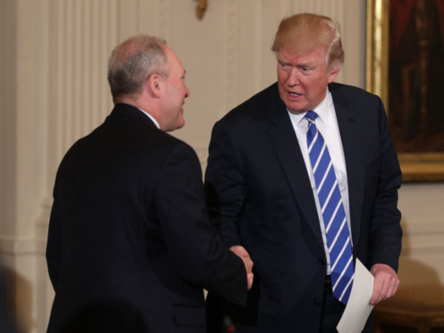 U.S. President Donald Trump (R) shakes hands with House Majority Whip Rep. Steve Scalise (