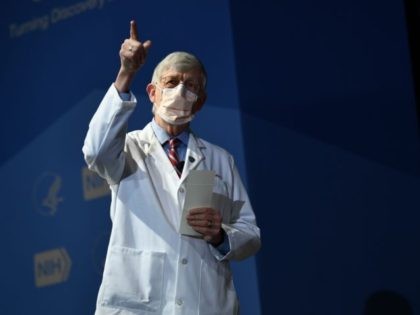 In this January 26, 2021 photo, physician-geneticist doctor Francis Collins, director of NIH, delivers welcoming remarks ahead of US Vice President Kamala Harris receiving her second dose of the Covid-19 vaccine at the National Institutes of Health, in Bethesda, Maryland. (Brendan Smialowski / AFP via Getty Images)