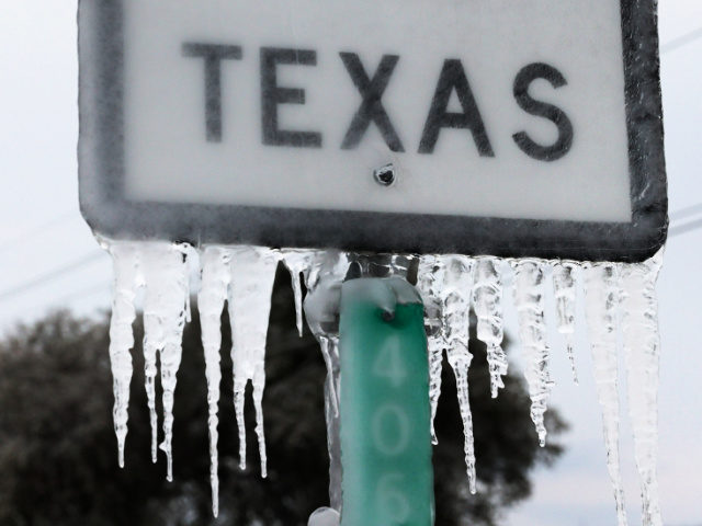 KILLEEN, TEXAS - FEBRUARY 18: Icicles hang off the State Highway 195 sign on February 18,