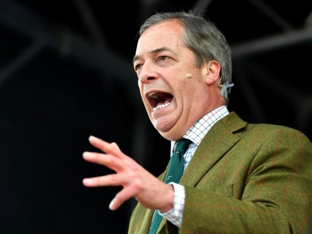 CHESTER, ENGLAND - MAY 06: Nigel Farage speaks on stage at Old Hall Country Club on May 06, 2019 in Chester, United Kingdom. Nigel Farage, the former leader of the U.K. Independence Party, is campaigning for the Brexit Party's contest for this month's European Parliament elections, whose candidates include Annunziata …