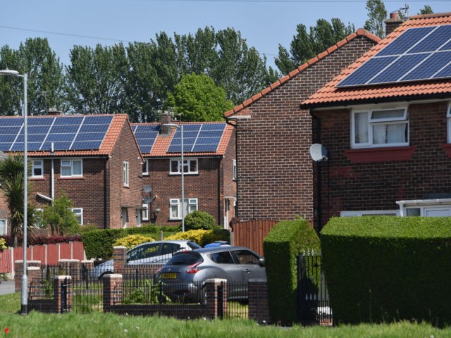 SALFORD, ENGLAND - MAY 16: General view of solar panels on houses around Mereside Grove in Worsley on May 16, 2019 in Salford, England. Labour Party leader Jeremy Corbyn and Rebecca Long Bailey MP, Labour’s Shadow Business, Energy and Industrial Strategy Secretary are visiting the area to highlight the party’s …