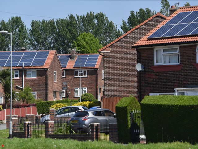 SALFORD, ENGLAND - MAY 16: General view of solar panels on houses around Mereside Grove in