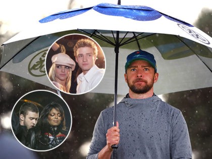 (INSETS: Timberlake with Britney Spears and Janet Jackson) Musician, Justin Timberlake stands underneath an umbrella during Day one of the Alfred Dunhill Links Championship at Carnoustie Golf Links on September 26, 2019 in St Andrews, United Kingdom. (Photo by Matthew Lewis/Getty Images)