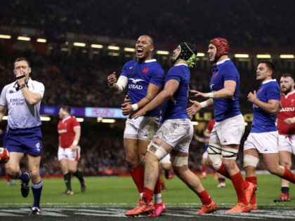 CARDIFF, WALES - FEBRUARY 22: Gael Fickou of France celebrates after scoring a try which was later disallowed by TMO due to a forward pass during the 2020 Guinness Six Nations match between Wales and France at Principality Stadium on February 22, 2020 in Cardiff, Wales. (Photo by David Rogers/Getty …