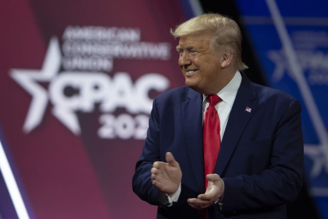 Conservatives Gather At Annual CPAC Event NATIONAL HARBOR, MARYLAND - FEBRUARY 29: US President Donald Trump acknowledges the crowd during the annual Conservative Political Action Conference (CPAC) at Gaylord National Resort & Convention Center February 29, 2020 in National Harbor, Maryland. Conservatives gather at the annual event to discuss their agenda. (Photo by Tasos Katopodis/Getty Images)