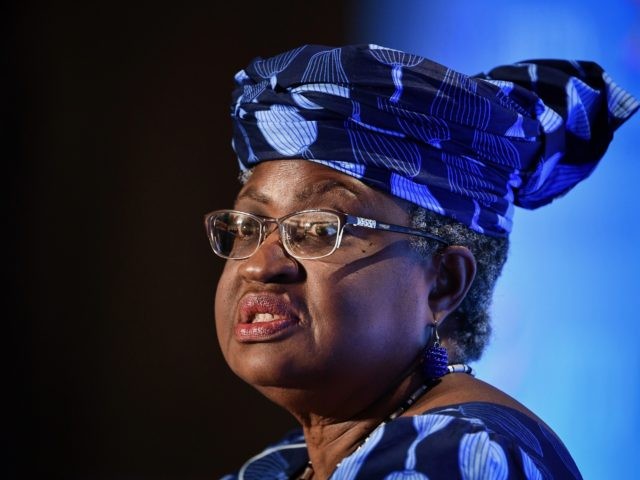 Nigerian former Foreign and Finance Minister Ngozi Okonjo-Iweala attends a press conference on July 15, 2020, in Geneva, following her hearing before World Trade Organization 164 member states' representatives, as part of the application process to head the WTO as Director General. (Photo by Fabrice COFFRINI / AFP) (Photo by …
