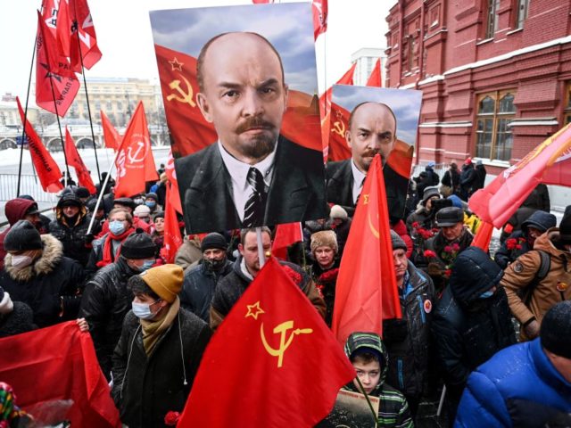 Russian Communist Party supporters walk towards the mausoleum of Russian communist revolut