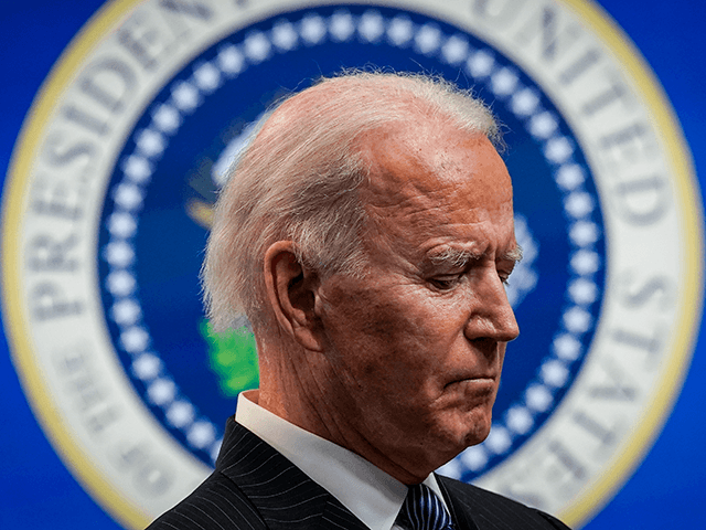U.S. President Joe Biden pauses while speaking after signing an executive order related to American manufacturing in the South Court Auditorium of the White House complex on January 25, 2021 in Washington, DC. President Biden signed an executive order aimed at boosting American manufacturing and strengthening the federal governments Buy …