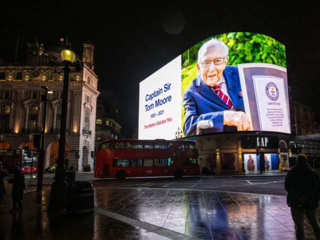 LONDON, ENGLAND - FEBRUARY 02: A tribute to Captain Sir Tom Moore is displayed at Piccadil