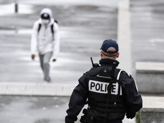 A daily security police officer (Police de la securite du quotidien) patrols in Sarcelles, north of Paris, on February 3, 2021. (Photo by ALAIN JOCARD / AFP) (Photo by ALAIN JOCARD/AFP via Getty Images)