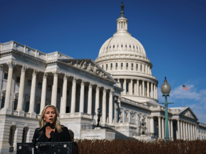 Rep. Marjorie Taylor Greene (R-GA) speaks during a press conference outside the U.S. Capitol on February 5, 2021 in Washington, DC. The House voted 230 to 199 on Friday evening to remove Rep. Marjorie Taylor Greene (R-GA) from committee assignments over her remarks about QAnon and other conspiracy theories. (Photo …