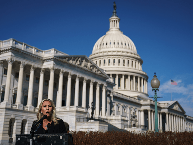 Rep. Marjorie Taylor Greene (R-GA) speaks during a press conference outside the U.S. Capit