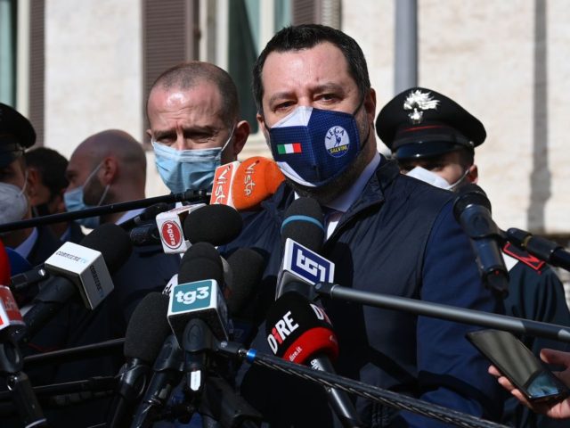 Head of the Lega Nord (Northern League) party and senator Matteo Salvini (R) addresses the media outside Palazzo Montecitorio, seat of the lower house of parliament, following a meeting with Mario Draghi on February 6, 2021 in Rome. - Italy's Mario Draghi continued detailed talks on February 6 on the …