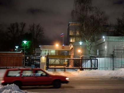 A car drives past he Russian embassy in Stockholm, Sweden on Februry 8, 2021. - Germany, Sweden and Poland on Monday each threw out a Russian diplomat in retaliation for Moscow's expulsion last week of their diplomats for allegedly taking part in protests in support of Kremlin critic Alexei Navalny. …