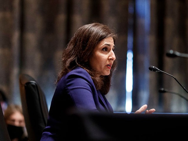 WASHINGTON, DC - FEBRUARY 09: Neera Tanden, nominee for director of the Office and Management and Budget (OMB) speaks during a Senate Homeland Security and Governmental Affairs Committee confirmation hearing on February 9, 2021 in Washington, DC. Tanden helped found the Center for American Progress, a policy research and advocacy …