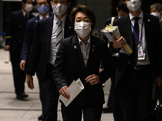 Japan's Olympic Minister Seiko Hashimoto arrives to speak to journalists at the Central Government Building in Tokyo on February 12, 2021. (Photo by CHARLY TRIBALLEAU / AFP) (Photo by CHARLY TRIBALLEAU/AFP via Getty Images)