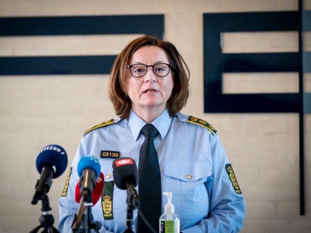 Lene Sorensen, director of the Central- and West Zealand police department, speaks during a doorstep at PET (Danish Security and Intelligence Service) in Copenhagen on February 12, 2021, to comment on investigations of the Danish police and the PET about a possible planning of a terror attack both in Denmark …