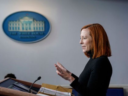 WASHINGTON, DC - FEBRUARY 16: White House Press Secretary Jen Psaki speaks during the daily press briefing at the White House on February 16, 2021 in Washington, DC. Later in the day, President Joe Biden will travel to Milwaukee, Wisconsin for a town hall event to discuss the coronavirus pandemic …