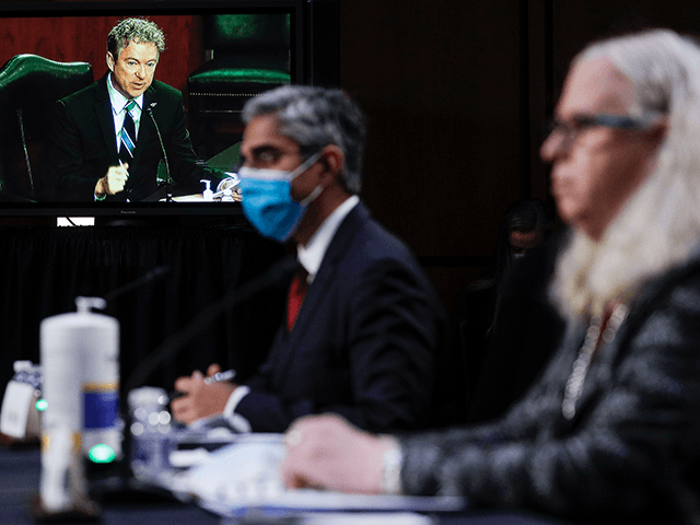 US Senator Rand Paul (on screen), Republican of Kentucky, questions Vivek Murthy (C), nominee for US Surgeon General, and Rachel Levine (R), nominee for Assistant Secretary of Health and Human Services, during a Senate Health, Education, Labor, and Pensions Committee nomination hearing on Capitol Hill in Washington, DC, on February 25, 2021. (Photo by TOM BRENNER / POOL / AFP) (Photo by TOM BRENNER/POOL/AFP via Getty Images) US Senator Rand Paul (on screen), Republican of Kentucky, questions Vivek Murthy (C), nominee for US Surgeon General, and Rachel Levine (R), nominee for Assistant Secretary of Health and Human Services, during a Senate Health, Education, Labor, and Pensions Committee nomination hearing on Capitol Hill in Washington, DC, on February …